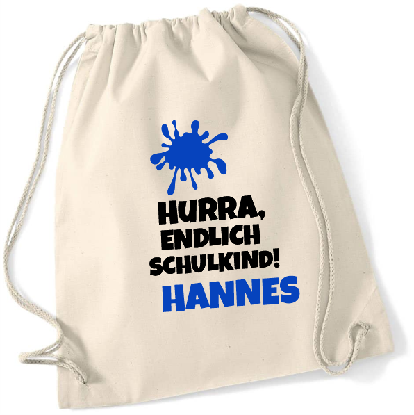 Hurra endlich Schulkind Turnbeutel mit Namen naturfarben blau